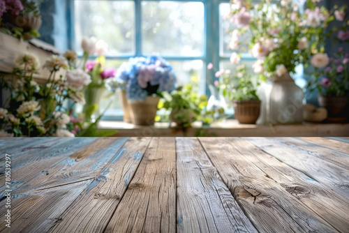 Rustic Wooden Table with Blooming Flowers by the Window