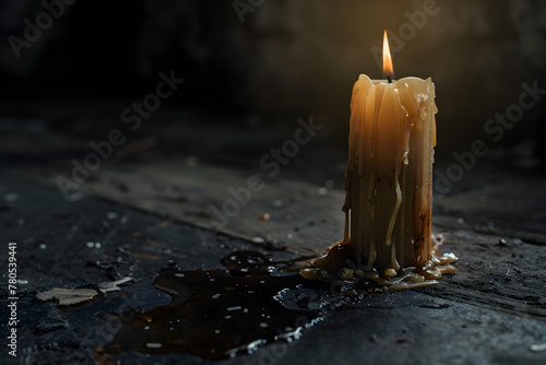 Close-up of a lit candle with dripping wax on a dark background, conveying a sense of tranquility, spirituality, or mourning.