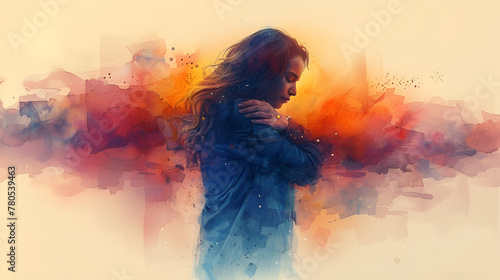 mental ilness person hugging themselves.watercolour  digital art illustration photo