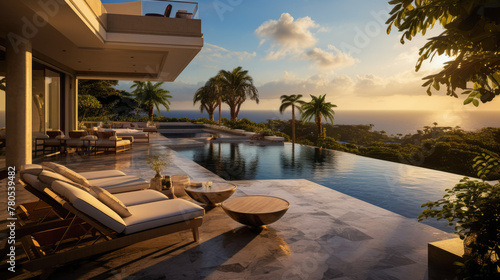 day lights Photograph an opulent villa escape: infinity pool vistas, panoramic landscapes, lavish interiors photo