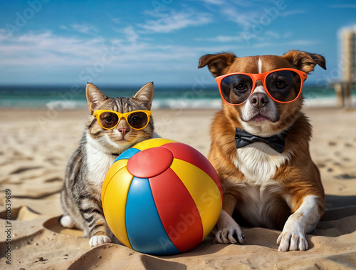 A dog and a cat are sitting on the beach wearing sunglasses with beach ball between them. Concept of vacation, fun, play, picnic outing