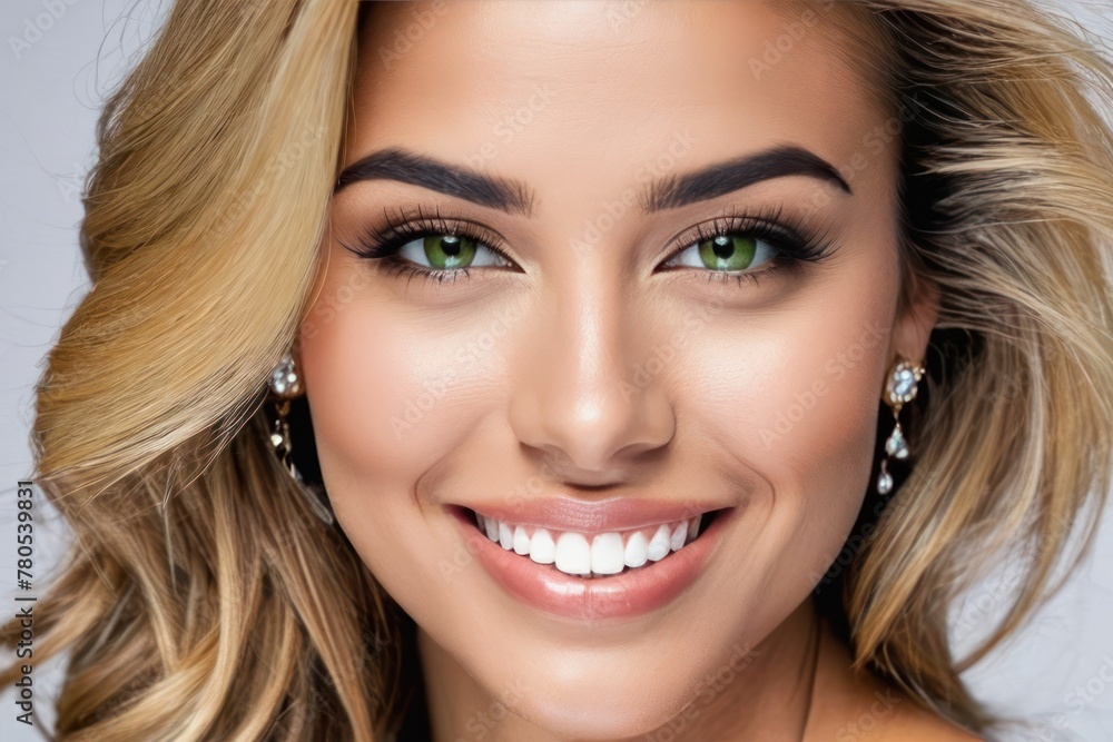 Close up portrait beautiful model woman with white teeth smile, healthy long flowing hair and beauty skin. Concept of advertising a dentist, hairstyle and facial care. Generative AI Close up portrait beautiful model woman with white teeth smile, healthy long flowing hair and beauty skin. Concept of advertising a dentist, hairstyle and facial care. Generative AI