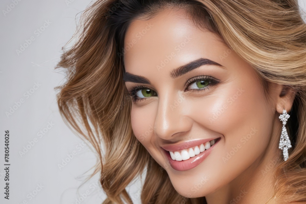 Close up portrait beautiful model woman with white teeth smile, healthy long flowing hair and beauty skin. Concept of advertising a dentist, hairstyle and facial care. Generative AI Close up portrait beautiful model woman with white teeth smile, healthy long flowing hair and beauty skin. Concept of advertising a dentist, hairstyle and facial care. Generative AI