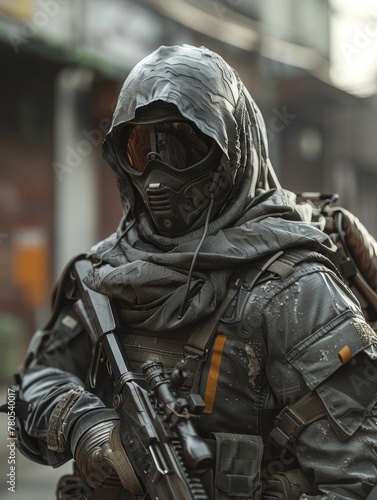 Cloaked field operative with nanofiber armor, blending into an urban environment during reconnaissance