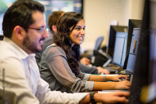 Office Workspace: Business people working on their computers in a collaborative office environment, demonstrating productivity, efficiency, and teamwork in a professional corporate setting