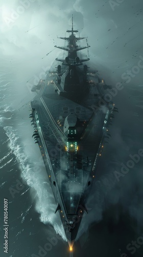 Futuristic naval destroyer employing cloaking technology, emerging from a mist on the high seas