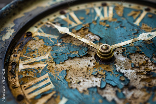 Vintage clock face with Roman numerals  close-up on weathered textures and hands  conveying a sense of passing time and antiquity.