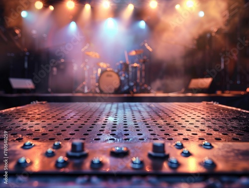 Studded metal podium, front view focus, with a rock concert stage background, ideal for electric guitar models