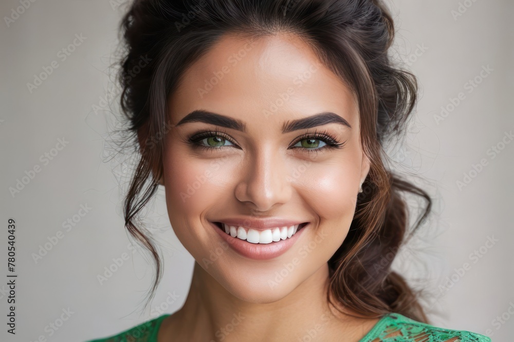 Naklejka premium Portrait beautiful model woman with white teeth smile, healthy hair and beauty skin on gray background. Concept of advertising a dentist, hairstyle and facial care. Generative AI