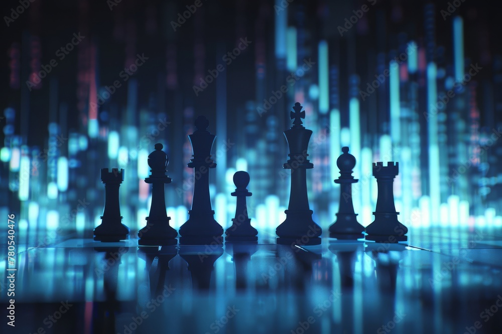 Silhouettes of chess pieces aligned for strategic play, set against a dazzling backdrop of neon-lit cityscape.. Silhouettes of chess pieces aligned for strategic play, set against a dazzling backdrop of neon-lit cityscape..