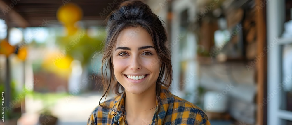 Urban Joy: Gen Z Woman with a Bright Smile in Stylish Plaid. Concept Urban Life, Chic Fashion, Positive Vibes, Bright Smiles