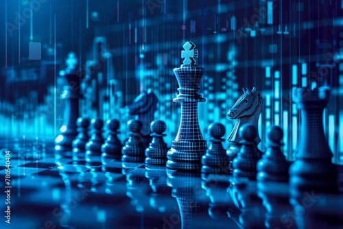 Chess board and pieces set against a digital analytical backdrop, symbolizing strategic thought..