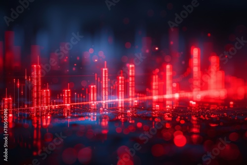 A radiant red digital financial landscape with dynamic data bars and a futuristic city vibe..