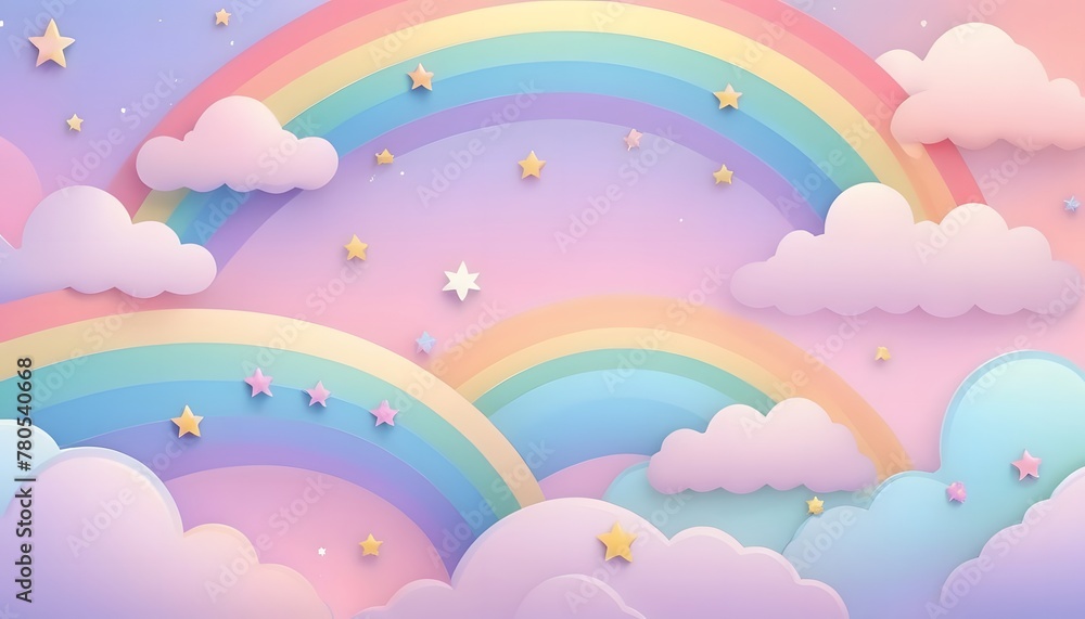 Rainbow unicorn background with clouds and stars. Pastel color sky. Magical landscape, abstract fabulous pattern. Cute candy wallpaper