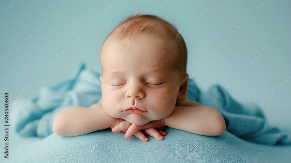 Cute studio photography of a newborn baby boy sleeping with cute props on soft blue background Cute studio photography of a newborn baby boy sleeping with cute props on soft blue background