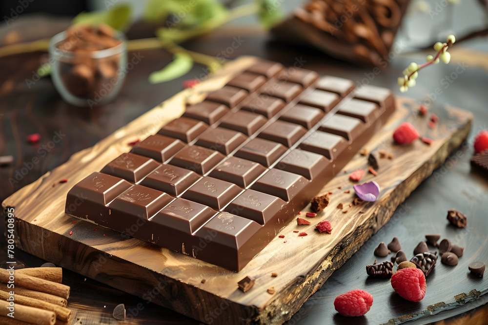 Milk chocolate on a wooden board Milk chocolate on a wooden board