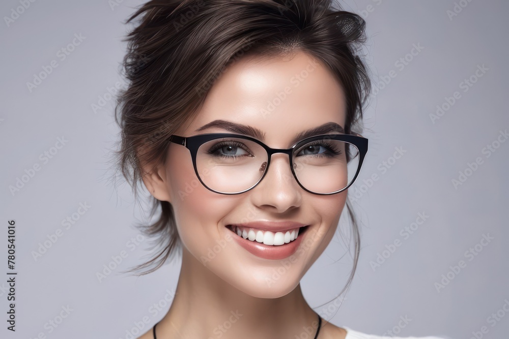 Portrait beautiful blonde model woman in glasses with white teeth smile, healthy hair and beauty skin on gray background. Concept of vision correction, dentist and facial care. Generative AI Portrait beautiful blonde model woman in glasses with white teeth smile, healthy hair and beauty skin on gray background. Concept of vision correction, dentist and facial care. Generative AI