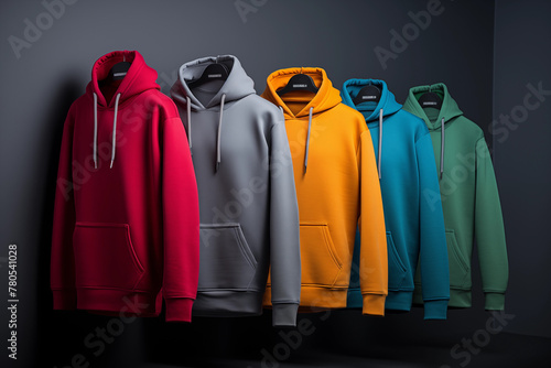 Several hoodies of different colors hang on a hanger on a dark background logo Placement and Branding concept