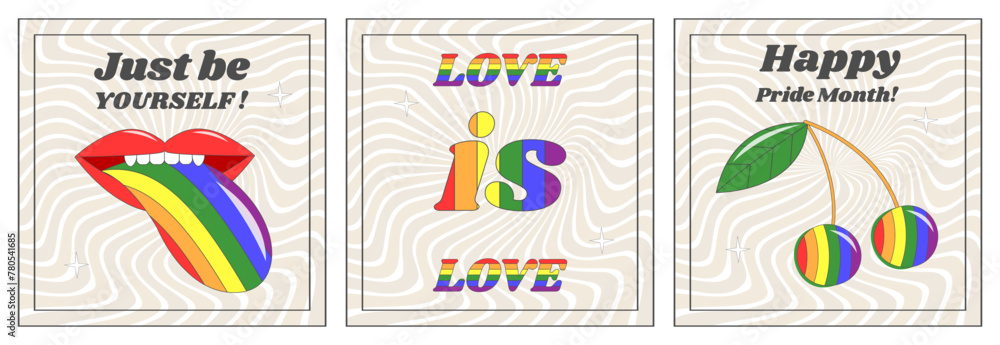 A set of posters for the celebration of pride month. Pride month postcards. Postcards in the style of a groovy. 