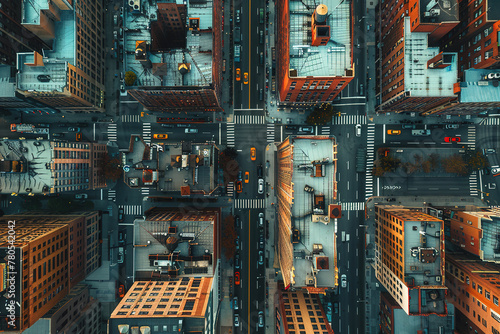 top-down image of a realistic cityscape where the arrangement of streets and buildings
