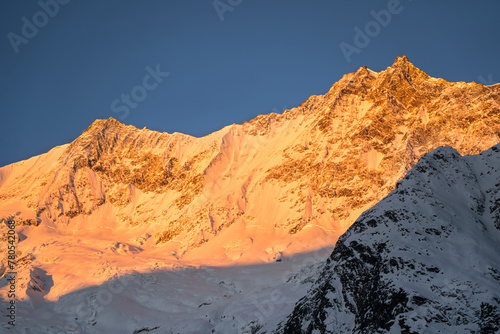 Täschhorn, Dom and Südlenz in the Mischabel Mountain Range in the Alps at Sunrise, Saas-Fee, Switzerland photo