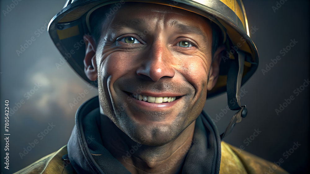 Retrato de un bombero. Primer plano de hombre bombero con casco. Concepto Día internacional del trabajador. Retrato de un bombero. Primer plano de hombre bombero con casco. Concepto Día internacional del trabajador.