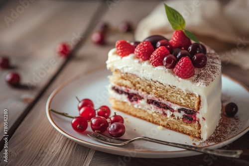 piece of cake with berries on white plate 
