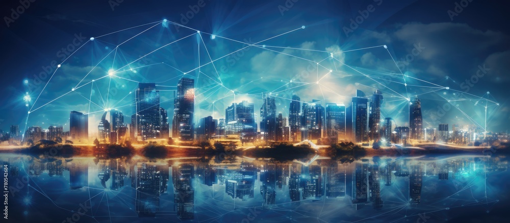 Smart city concept with wireless communication, digital networking, and AI technology improving development in a blue background with plexus connections.
