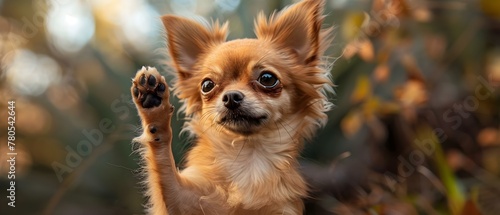 Charming Chihuahua's Paw Pose Amidst Nature's Hues. Concept Pets, Chihuahua, Nature, Photoshoot, Pose photo