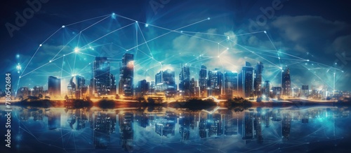 Smart city concept with wireless communication, digital networking, and AI technology improving development in a blue background with plexus connections.