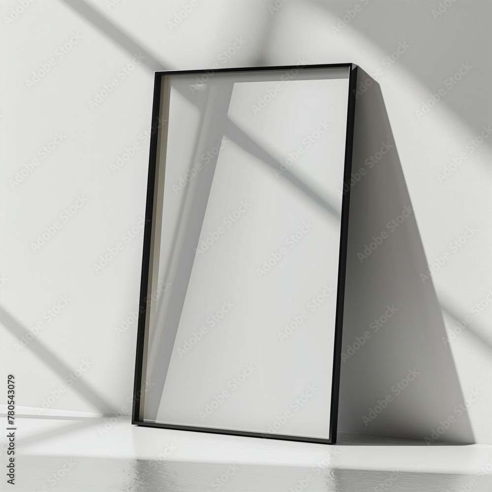 Framed artwork leaning against a white wall with light and shadow patterns. Framed artwork leaning against a white wall with light and shadow patterns.
