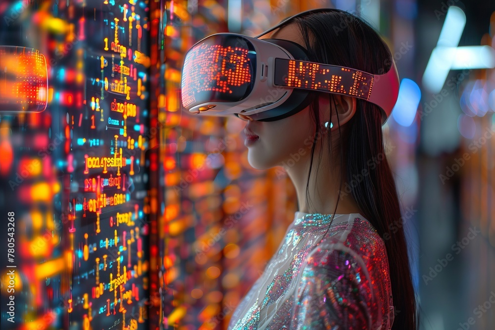 A woman in electric blue eyewear watches a city skyline in virtual reality - obrazy, fototapety, plakaty 