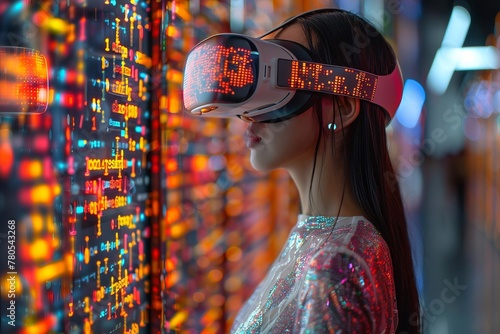 A woman in electric blue eyewear watches a city skyline in virtual reality