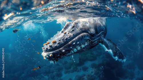 A split-view underwater shot captures a majestic whale swimming alongside other marine life in the vast ocean, showcasing the beauty and diversity of the underwater world. © Fay Melronna 