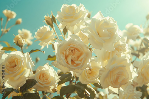 Luminous Garden  Sunlit Cream Roses Against Azure Sky