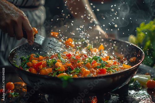 Sizzling Fresh Vegetables in Pan Dynamic Cooking Moment