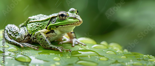 common european green frog on a dewy leaf, with empty copy space photo