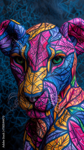 a colorful leon  painted with colorful geometric patterns  is painted on dark background