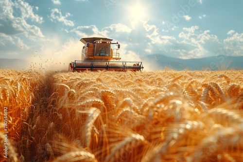 A harvester cuts wheat in an agricultural field under a cloudy sky