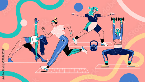 Women Working Out Gym Layered Vector Illustration (ID: 780545057)
