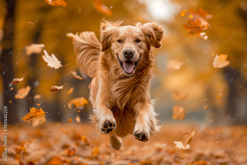 Joyful Golden Retriever Frolicking in Autumn Leaves Joyful Golden Retriever Frolicking in Autumn Leaves