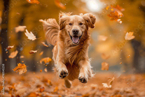 Joyful Golden Retriever Frolicking in Autumn Leaves