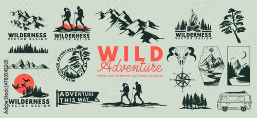 Outdoor wilderness adventures and hiking vector collection with mountains and people hiking. Vector illustration.