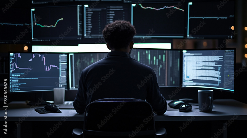 Professional Trader Monitoring Markets at Night Professional Trader Monitoring Markets at Night