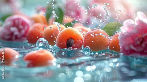 In slow motion, fresh apricots gently drop into the water, creating ripples of pink and aquamarine hues, reflecting the sparkling water. photo