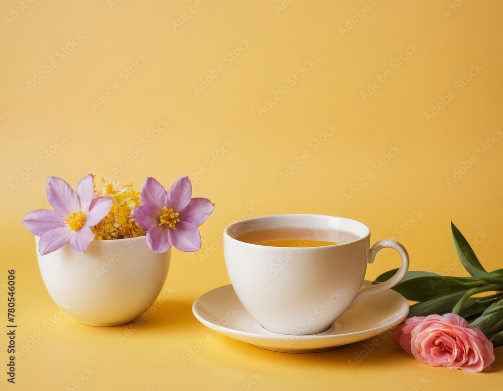 The concept of the image will be Easter egg and spring flowers in a cup of tea on a yellow background, minimalism for postcard design, creative Easter holiday concept, The concept of the image will be Easter egg and spring flowers in a cup of tea on a yellow background, minimalism for postcard design, creative Easter holiday concept,