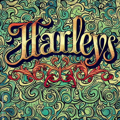 The vibrant image features the word "Harleys" against a solid background, capturing the essence of freedom and adventure.