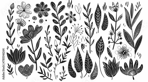 Hand-drawn botanical doodle background with a variety of flowers and leaves