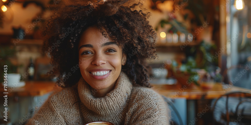 Smiling Woman Enjoying Coffee in Cozy Cafe Ambiance Smiling Woman Enjoying Coffee in Cozy Cafe Ambiance