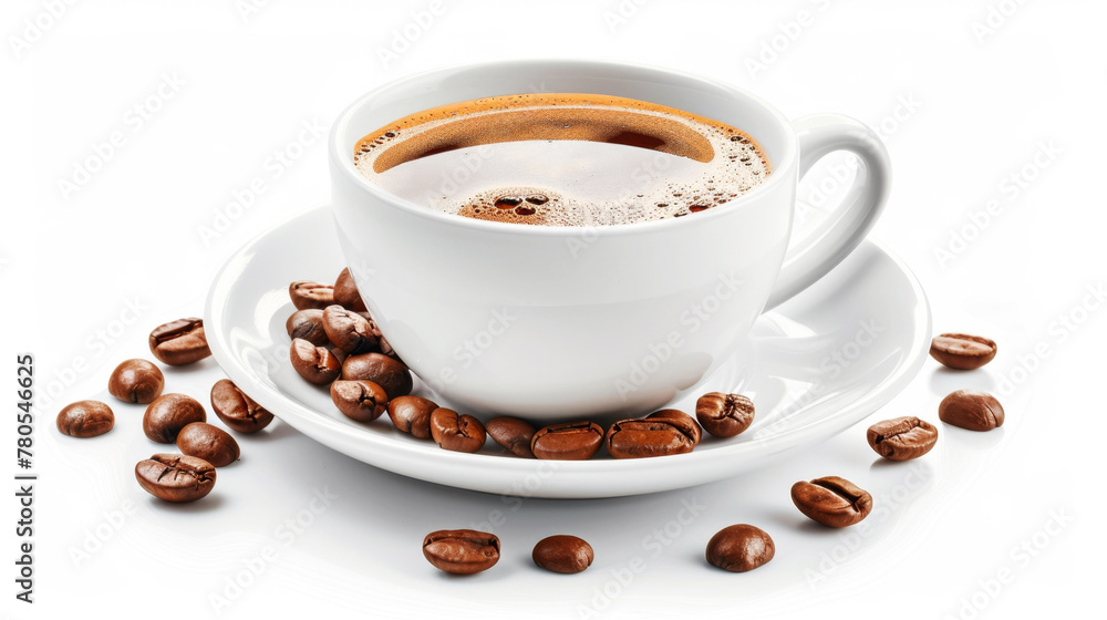Fototapeta premium Steaming coffee cup with beans on white background for morning refreshment